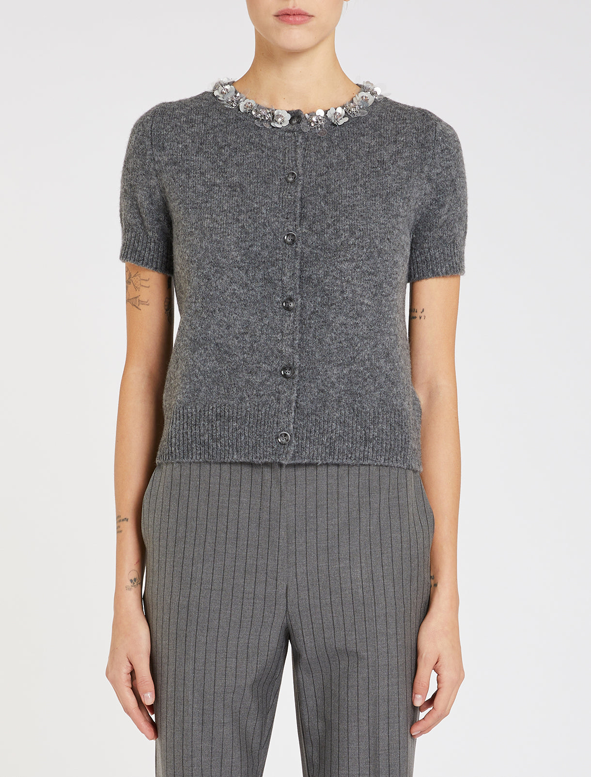grey short sleeve knitted cardigan with jewel buttons