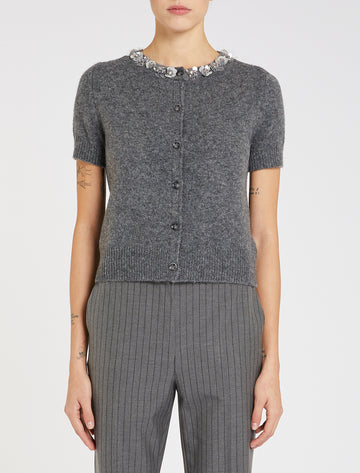 grey short sleeve knitted cardigan with jewel buttons