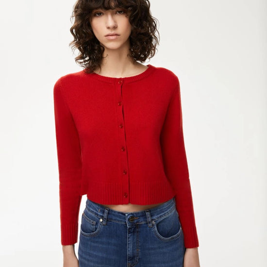 round neck red long sleeve cardigan model shot