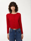 round neck red long sleeve cardigan model shot