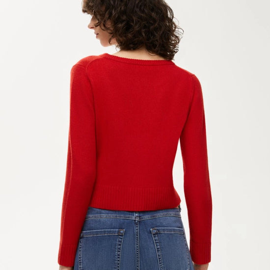 round neck red long sleeve cardigan rear view