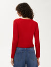 round neck red long sleeve cardigan rear view