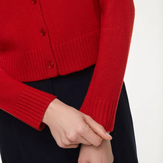 round neck red long sleeve cardigan close up