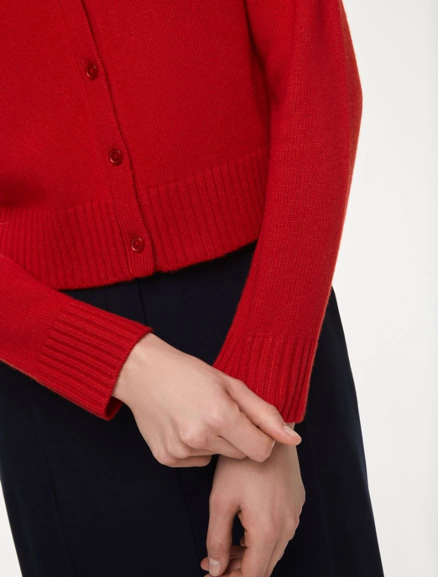 round neck red long sleeve cardigan close up