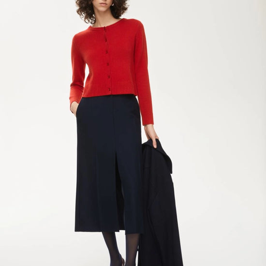 round neck red long sleeve cardigan model shot