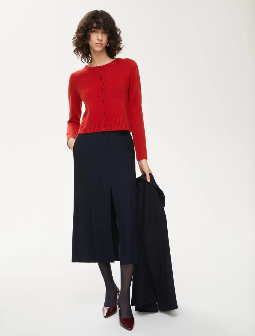 round neck red long sleeve cardigan model shot