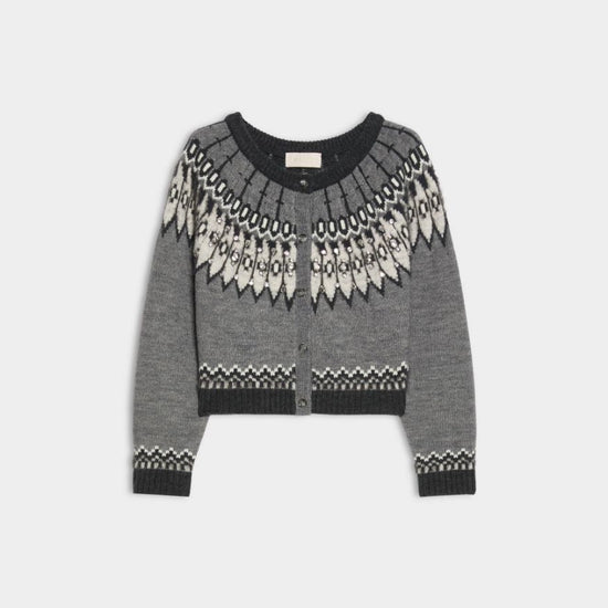 A gray knit cardigan sweater with a black and cream Fair Isle pattern across the yoke and cuffs, displayed on a light gray background.