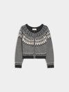 A gray knit cardigan sweater with a black and cream Fair Isle pattern across the yoke and cuffs, displayed on a light gray background.