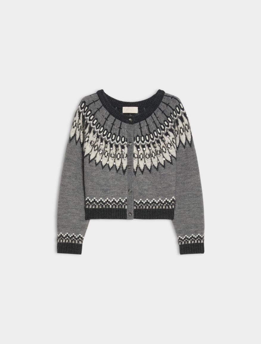 A gray knit cardigan sweater with a black and cream Fair Isle pattern across the yoke and cuffs, displayed on a light gray background.