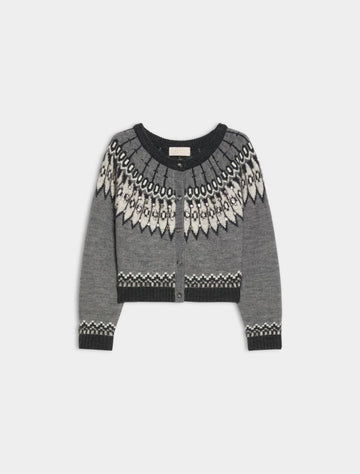 A gray knit cardigan sweater with a black and cream Fair Isle pattern across the yoke and cuffs, displayed on a light gray background.
