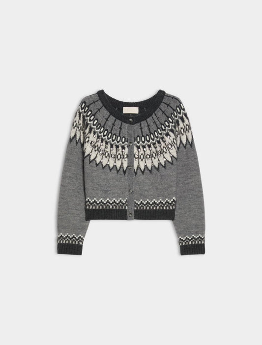 A gray knit cardigan sweater with a black and cream Fair Isle pattern across the yoke and cuffs, displayed on a light gray background.