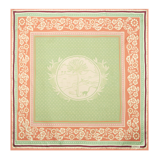 square silk pattern scarf with green and pale pink pattern