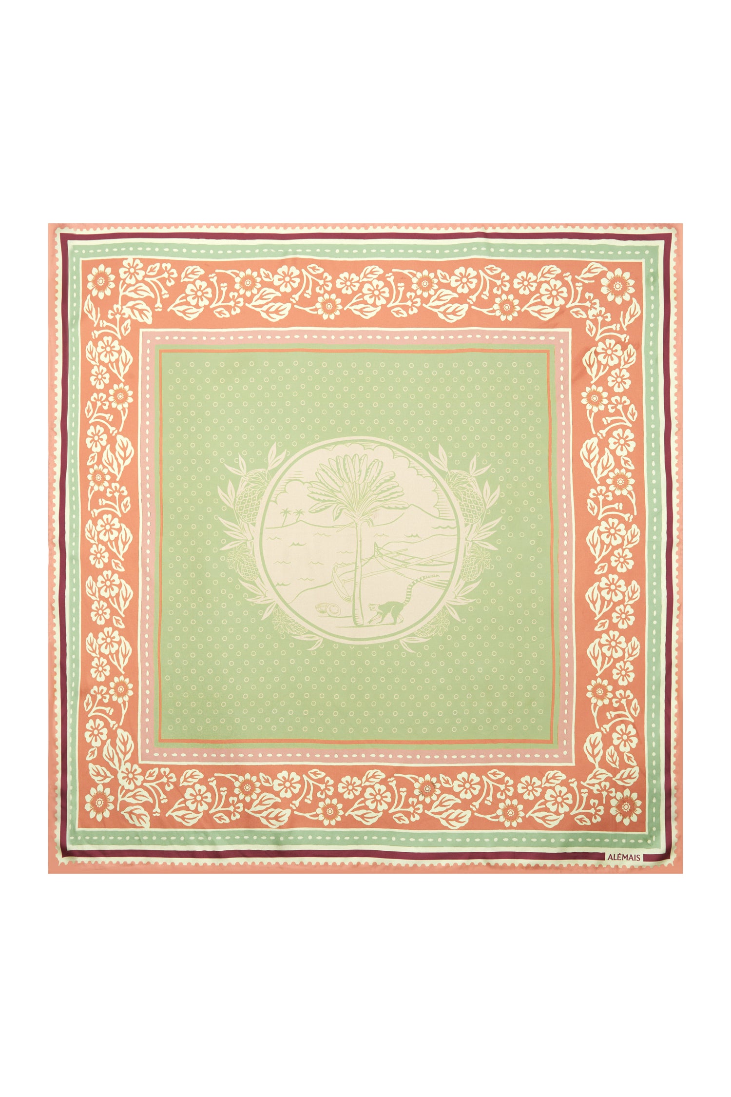 square silk pattern scarf with green and pale pink pattern