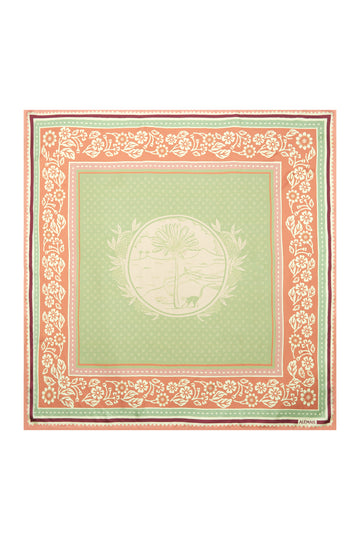 square silk pattern scarf with green and pale pink pattern