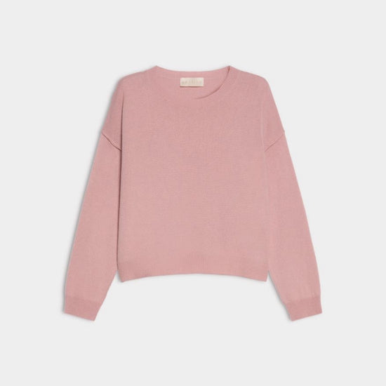 A dusty pink long-sleeve crewneck sweater displayed flat against a light gray background.