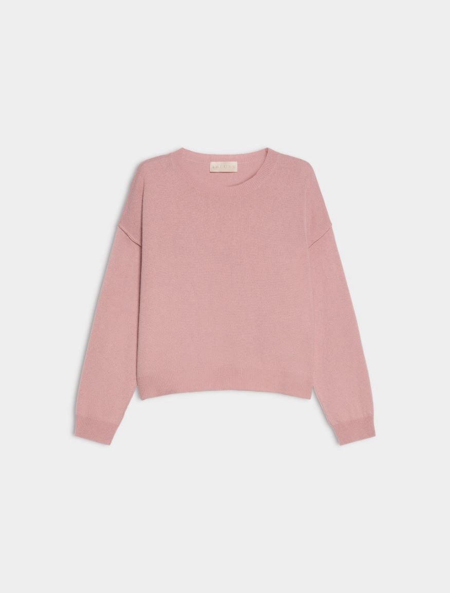 A dusty pink long-sleeve crewneck sweater displayed flat against a light gray background.