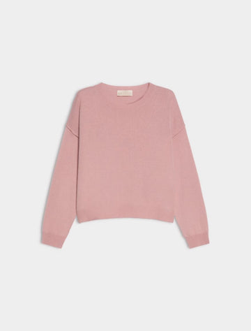 A dusty pink long-sleeve crewneck sweater displayed flat against a light gray background.