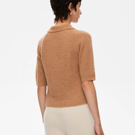 short sleeve knitted polo style shirt with 3 buttons and a slight shimmer from iblues rear view