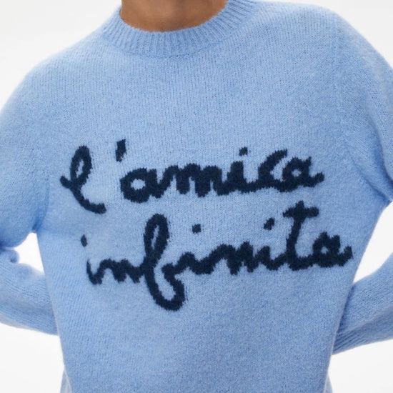 round neck ribbed relaxed blue jumper with lettering on the front in a contrasting dark blue from iblues close up