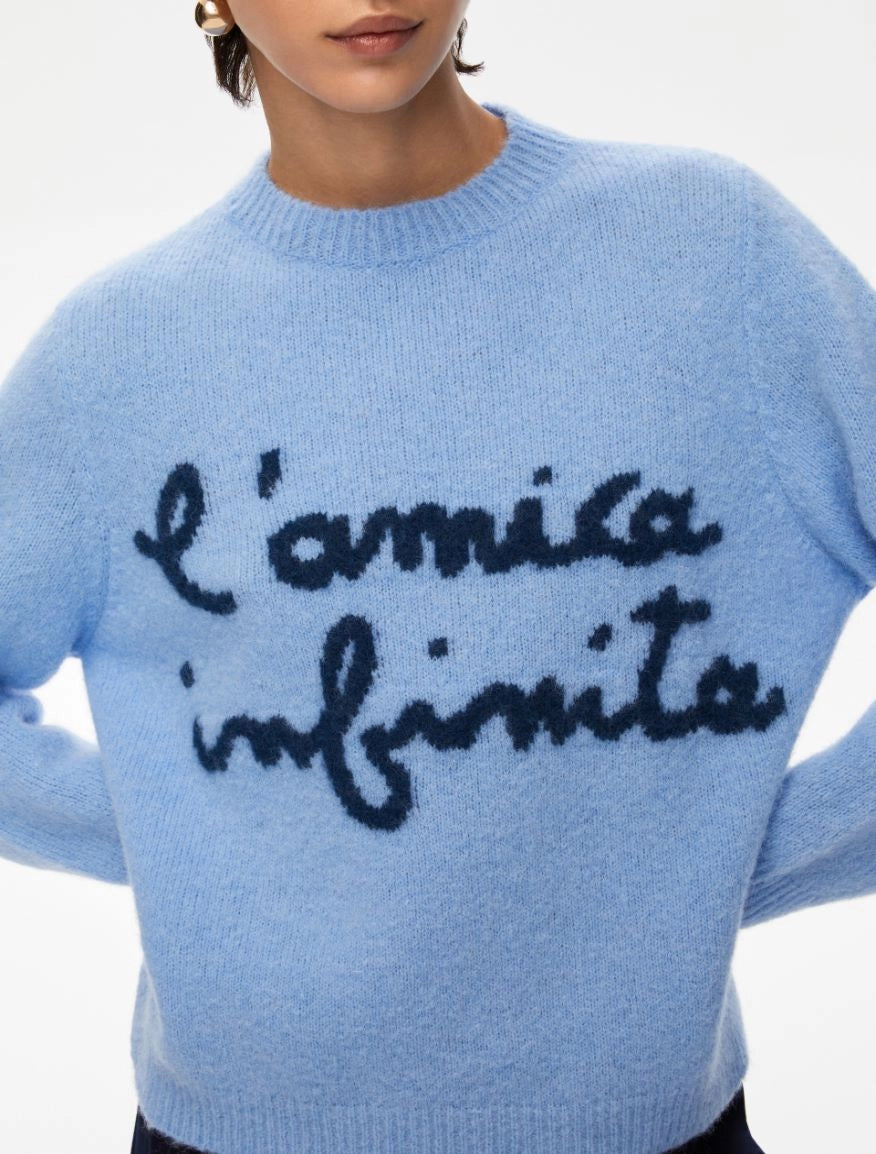round neck ribbed relaxed blue jumper with lettering on the front in a contrasting dark blue from iblues close up