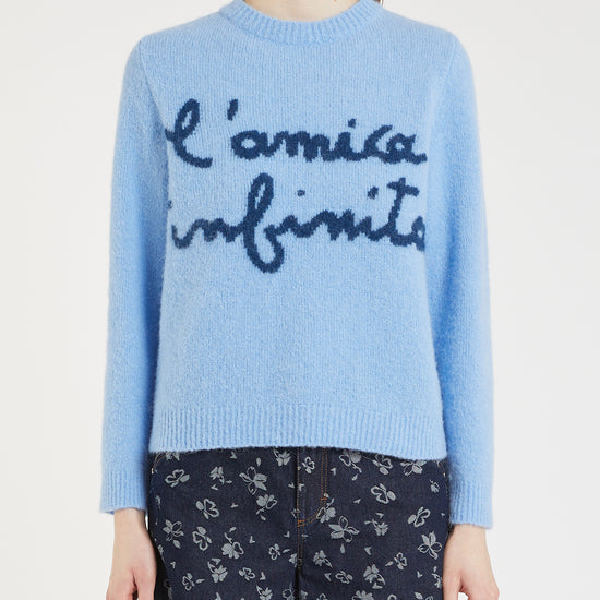 light blue wool jumper with rib detailing and wording on the front in dark blue from iblues