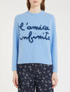 light blue wool jumper with rib detailing and wording on the front in dark blue from iblues