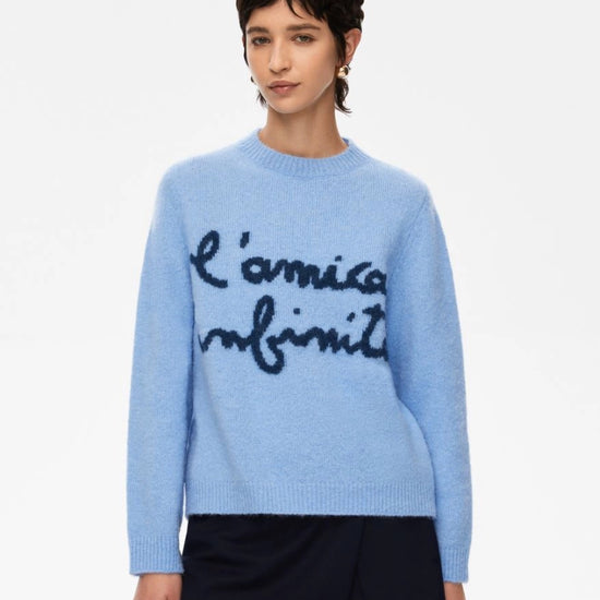 round neck ribbed relaxed blue jumper with lettering on the front in a contrasting dark blue from iblues model shot