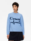 round neck ribbed relaxed blue jumper with lettering on the front in a contrasting dark blue from iblues model shot