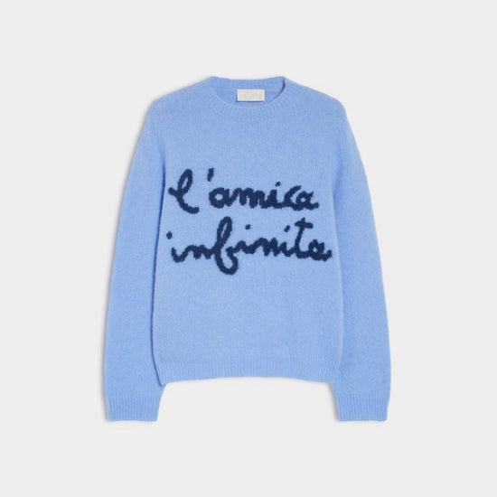 round neck ribbed relaxed blue jumper with lettering on the front in a contrasting dark blue from iblues