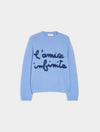 round neck ribbed relaxed blue jumper with lettering on the front in a contrasting dark blue from iblues