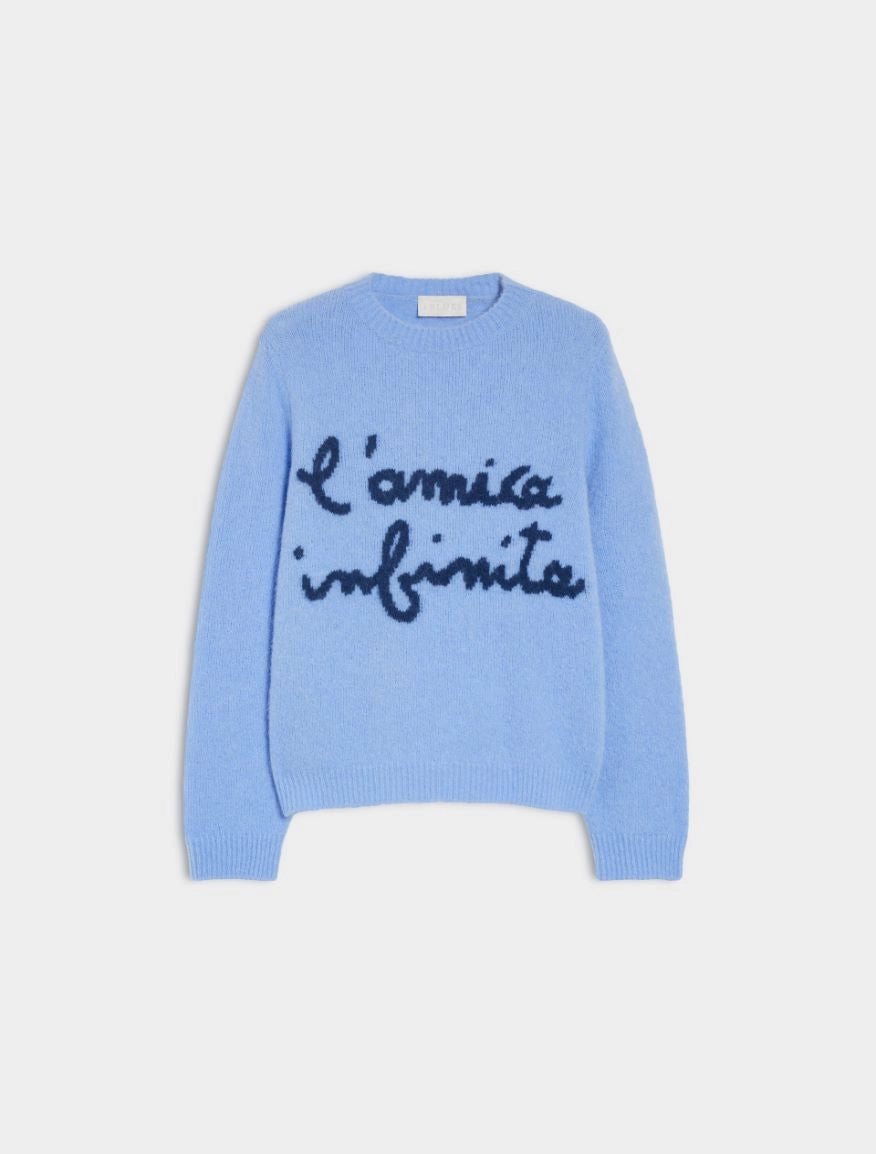 round neck ribbed relaxed blue jumper with lettering on the front in a contrasting dark blue from iblues
