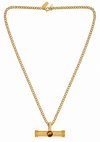 A gold-tone chain necklace with a horizontal bar pendant featuring a central round amber-brown bead, displayed on a clean white background.