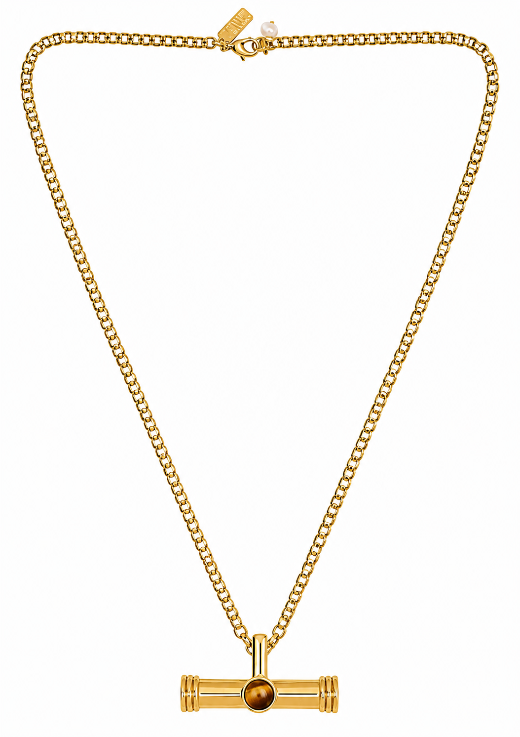 A gold-tone chain necklace with a horizontal bar pendant featuring a central round amber-brown bead, displayed on a clean white background.