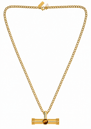 A gold-tone chain necklace with a horizontal bar pendant featuring a central round amber-brown bead, displayed on a clean white background.