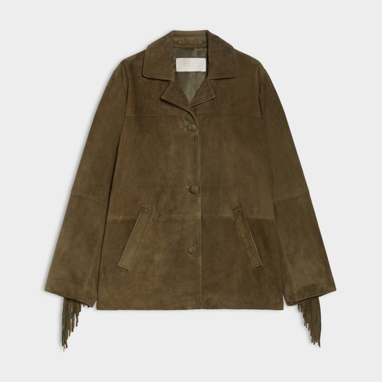 Khaki suede jacket with fringe details on a white background