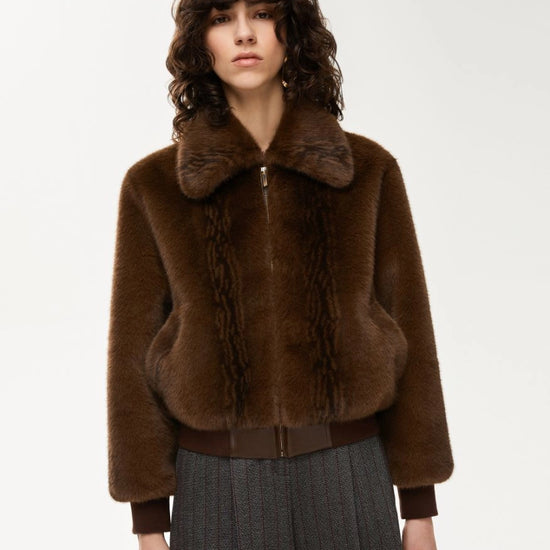 Faux fur brown jacket shown zipped up