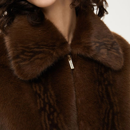 Close up of collar of faux fur jacket 