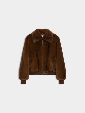 Brown faux fur jacket on a white background