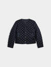 navy quilted coat on white background