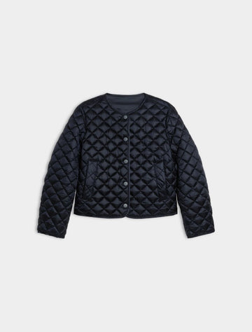 navy quilted coat on white background