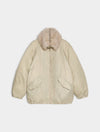 A light beige puffer jacket with a fluffy faux-fur trimmed hood, displayed flat against a light gray background.