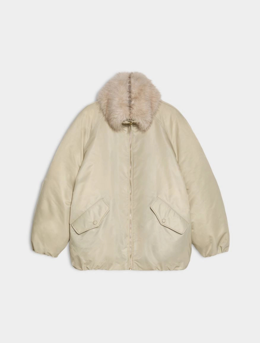 A light beige puffer jacket with a fluffy faux-fur trimmed hood, displayed flat against a light gray background.