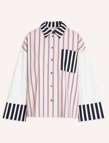 A long-sleeve button-up shirt with a pink and white vertical stripe body, contrasting black and white striped collar, chest pocket, and cuffs, displayed on a light cream background.