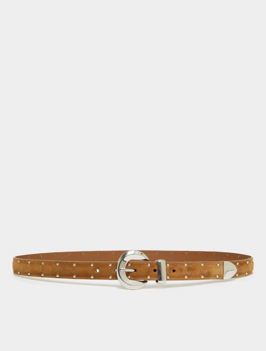 tan leather belt with silver studs and buckle from iblues