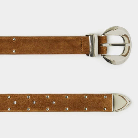 tan leather belt with silver studs and buckle from iblues close up
