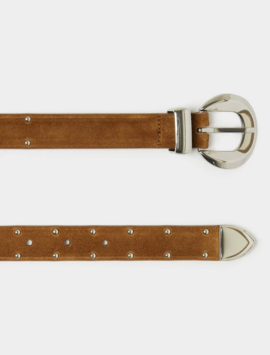 tan leather belt with silver studs and buckle from iblues close up
