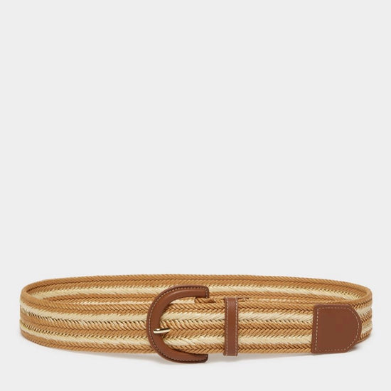 beige and tan raffia woven belt with tan leather buckle 