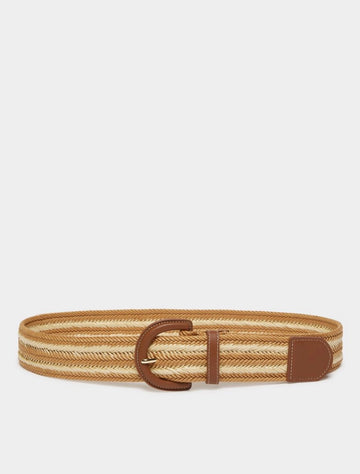 beige and tan raffia woven belt with tan leather buckle 