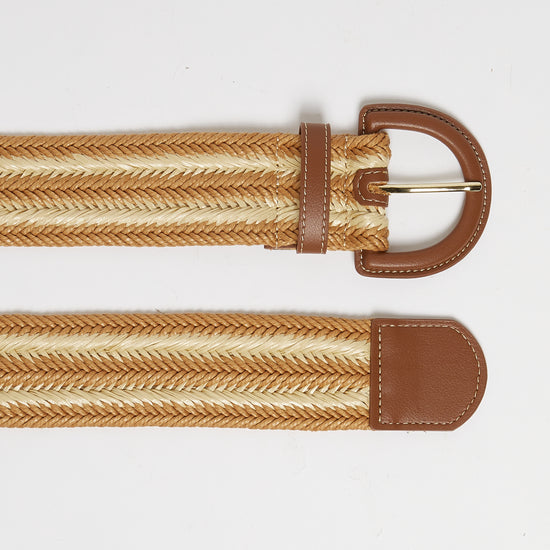 beige and tan raffia woven belt with tan leather buckle  