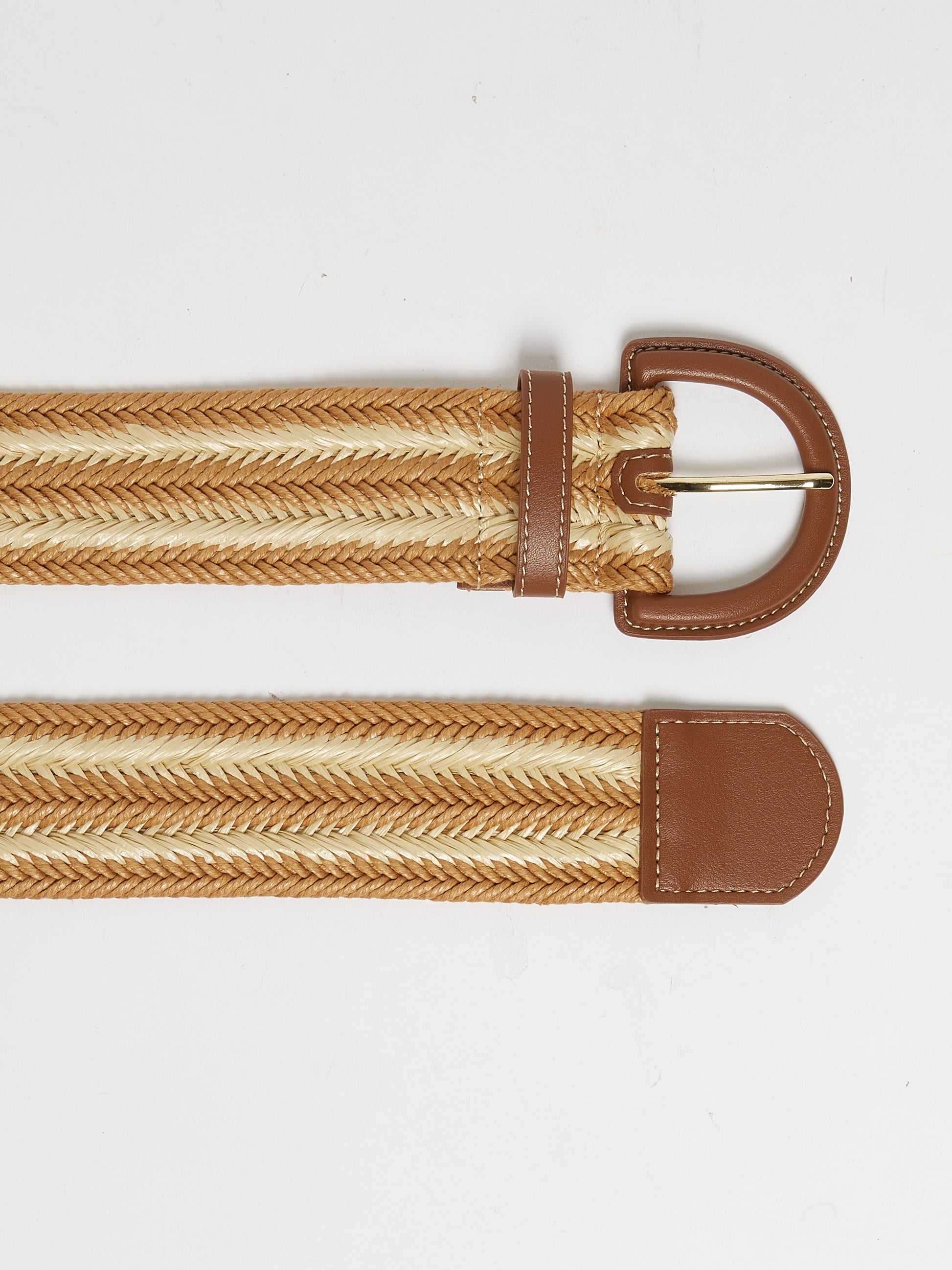 beige and tan raffia woven belt with tan leather buckle  